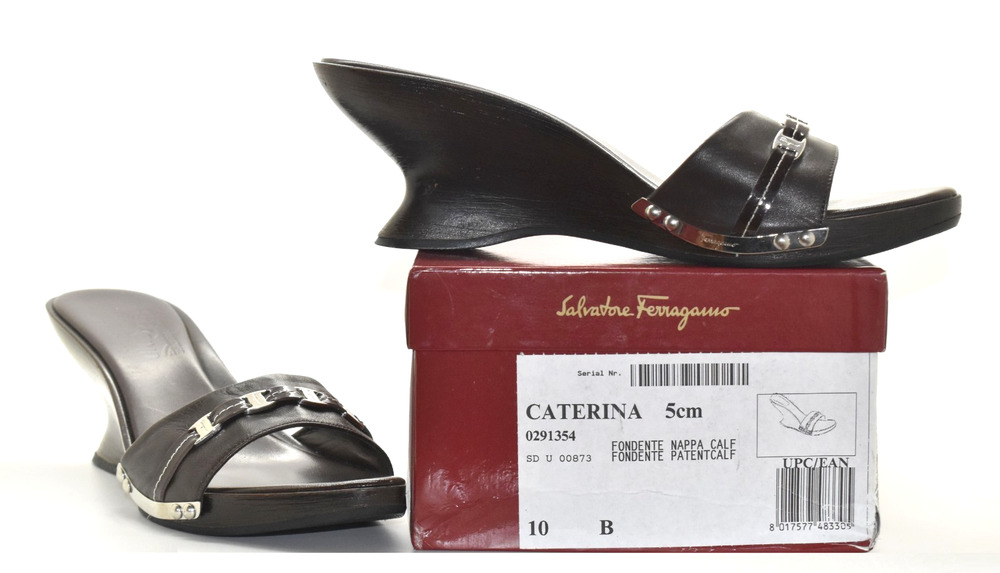 B6 Auth SALVATORE FERRAGAMO Caterina Dark Brown Nappa Calf Wedge Sandals Sz 10B